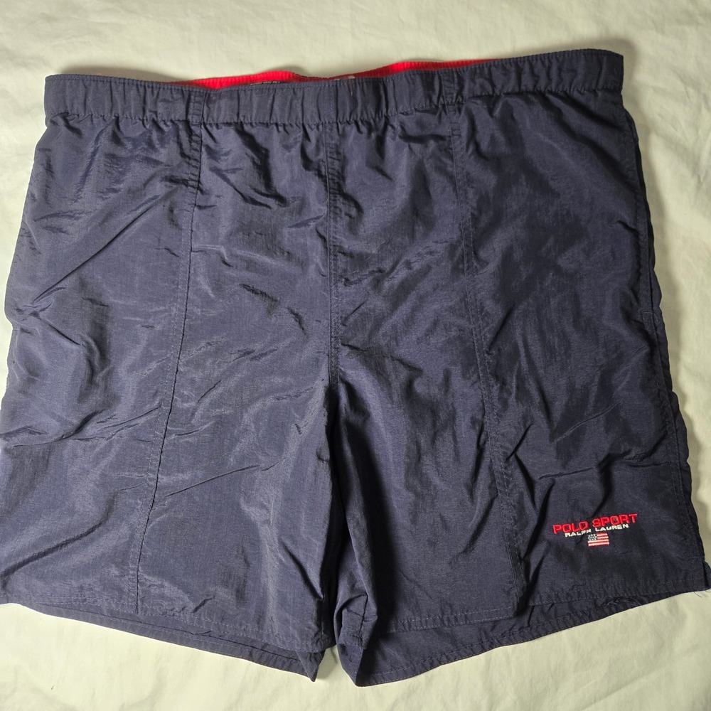 Vintage Polo Sport Ralph Lauren Swim Trunks Mens Large Navy Blue Red Mesh Liner